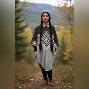 VINTAGE BROWN BISON pure virgin wool brown cream Gray Knit poncho w-lined hood